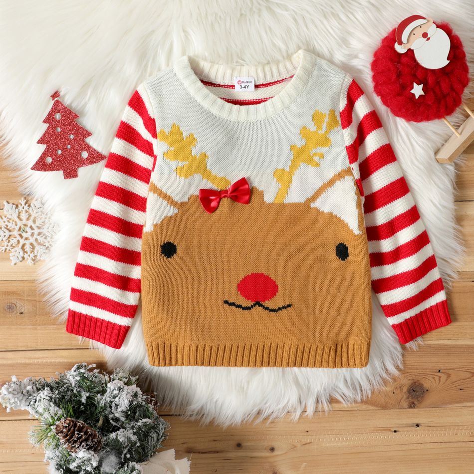 Toddler Girl Christmas Deer Pattern Bowknot Design Striped Sweater Beige