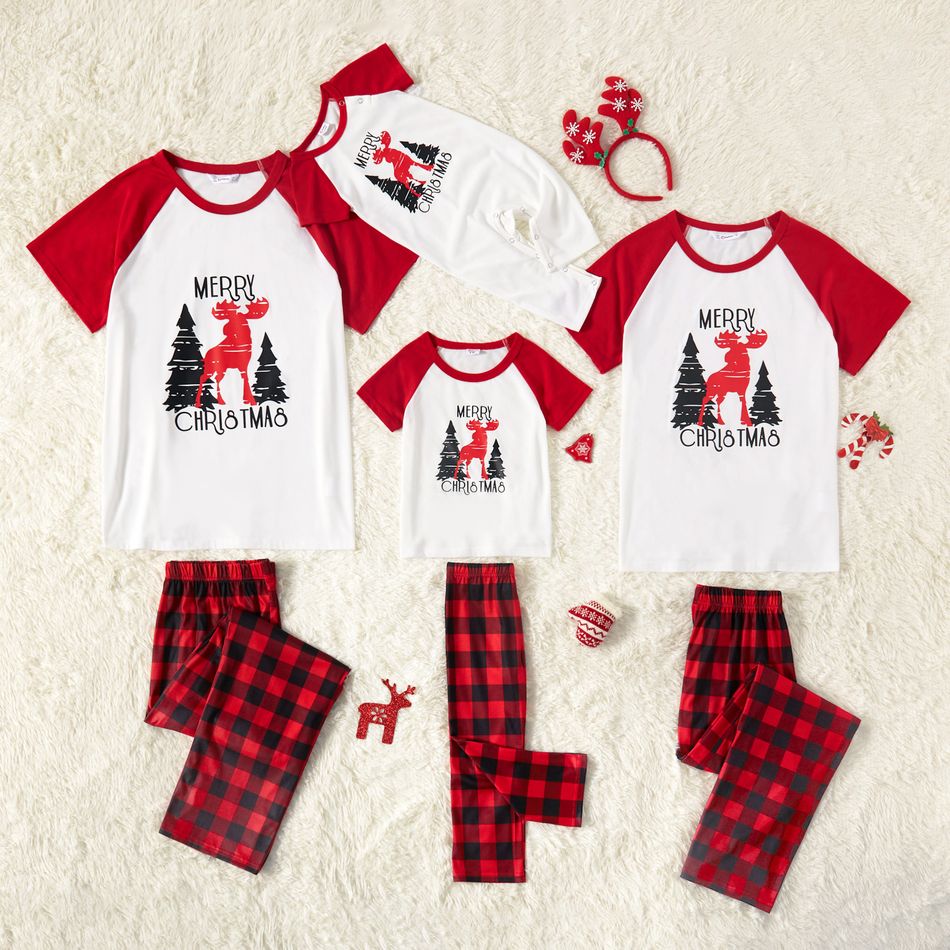 Christmas Reindeer and Tree Print Red Family Matching Short-sleeve Pajamas Sets (Flame Resistant) Red/White