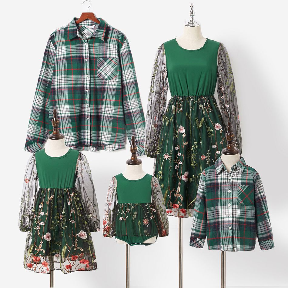 Family Matching Floral Embroidered Mesh Dresses and Short-sleeve Plaid Shirts Sets Dark Green