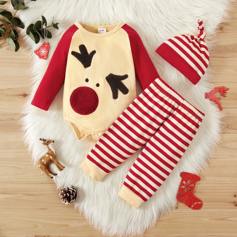 Christmas 3pcs Deer Pattern Cotton Long-sleeve Baby Romper and Striped Pants Set Red