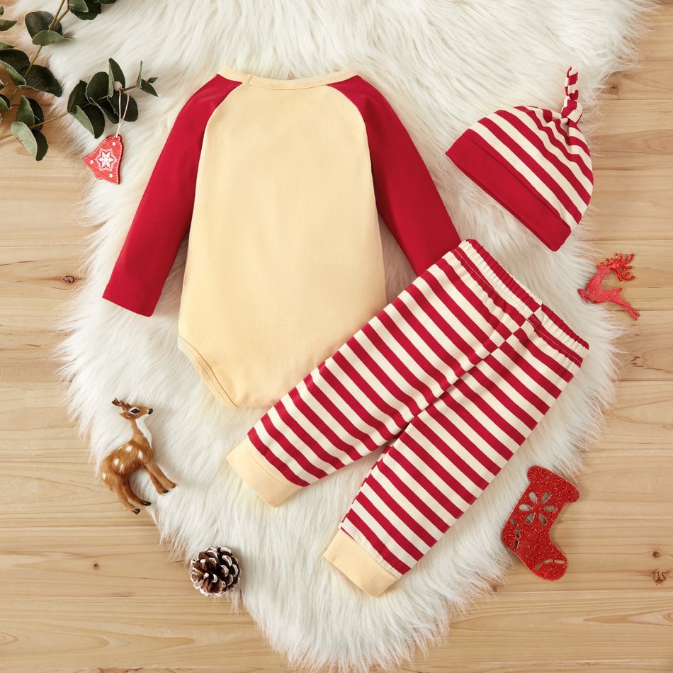 Christmas 3pcs Deer Pattern Cotton Long-sleeve Baby Romper and Striped Pants Set Red big image 2