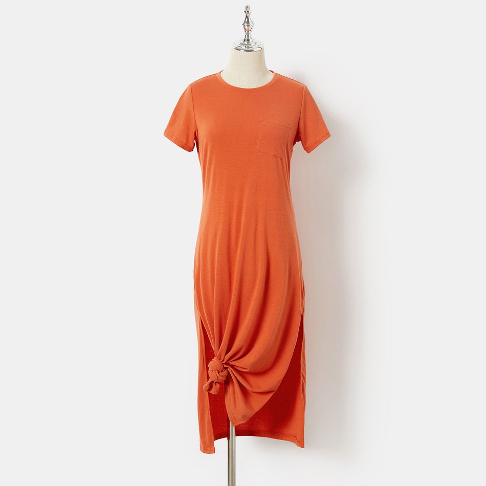 Orange Short-sleeve Split Hem Twist Knot T-shirt Dress for Mom and Me Orange big image 2