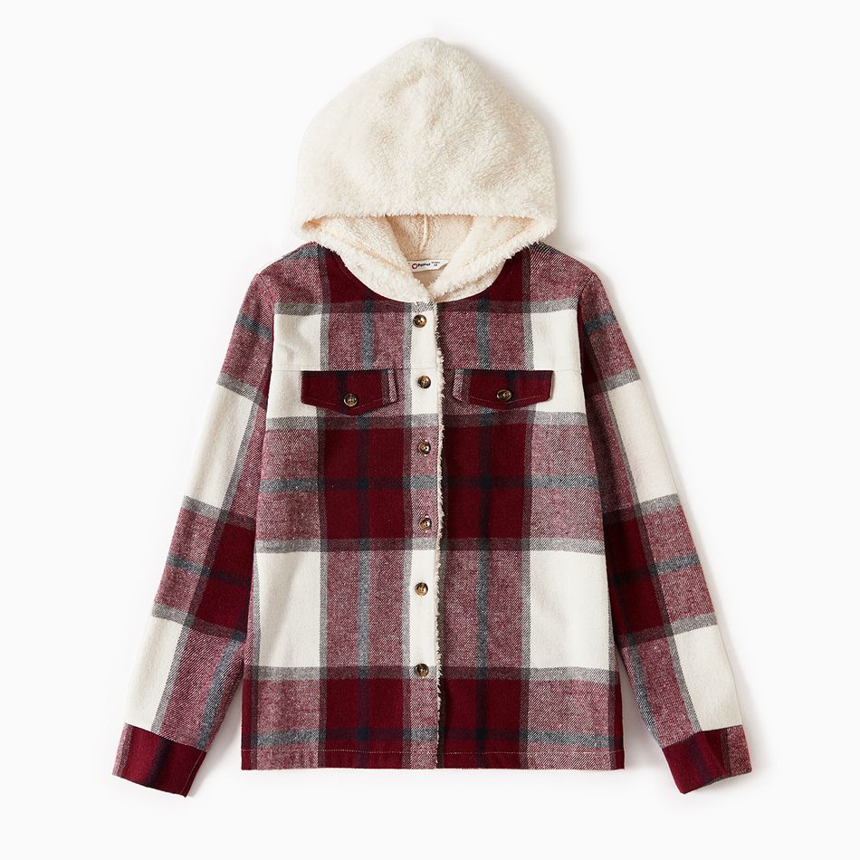 Family Matching Fleece Hooded Splicing Red Plaid Long-sleeve Outwear Tops Red/White big image 8