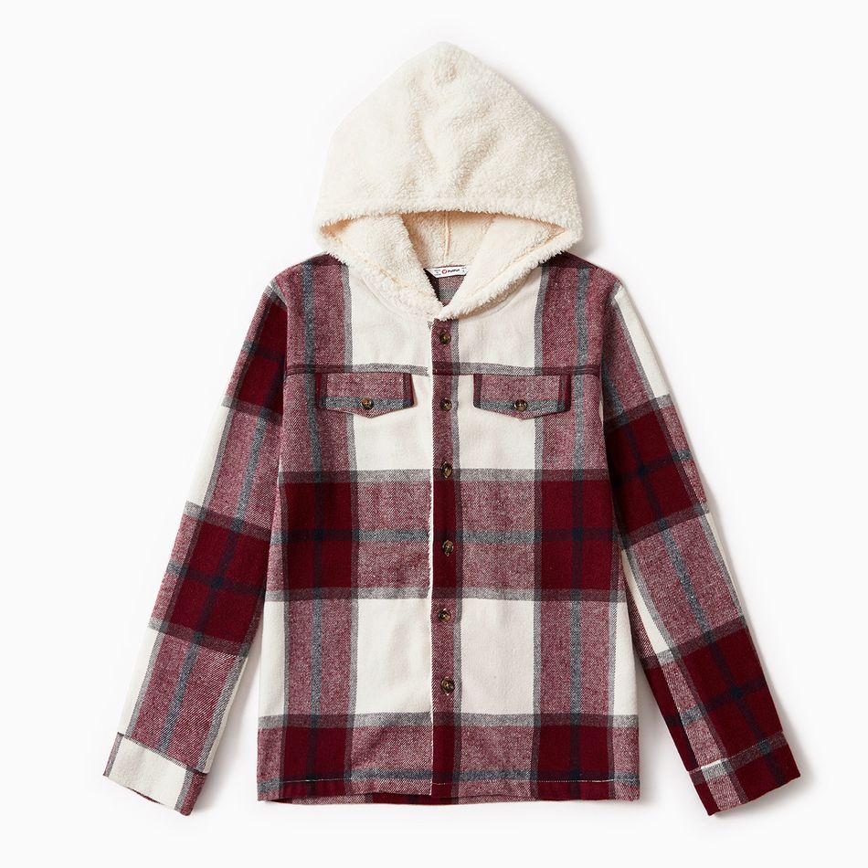 Family Matching Fleece Hooded Splicing Red Plaid Long-sleeve Outwear Tops Red/White big image 2