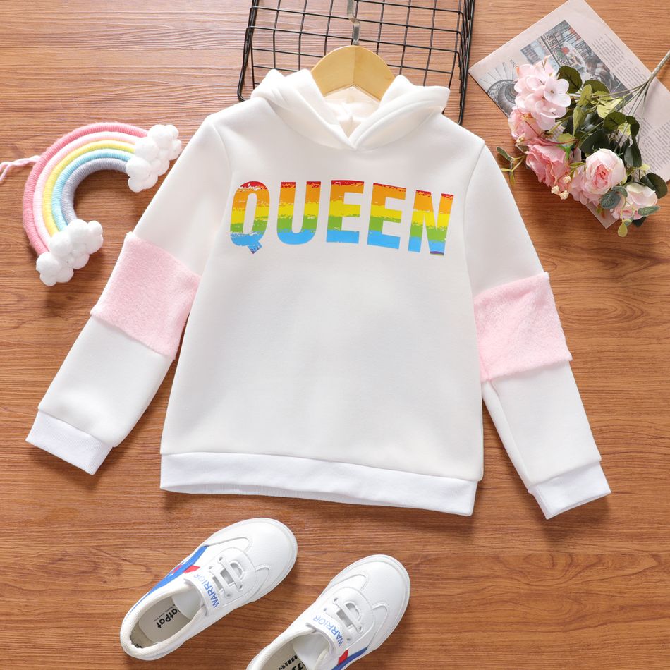 Kid Girl Letter Print Fuzzy Hoodie Sweatshirt White