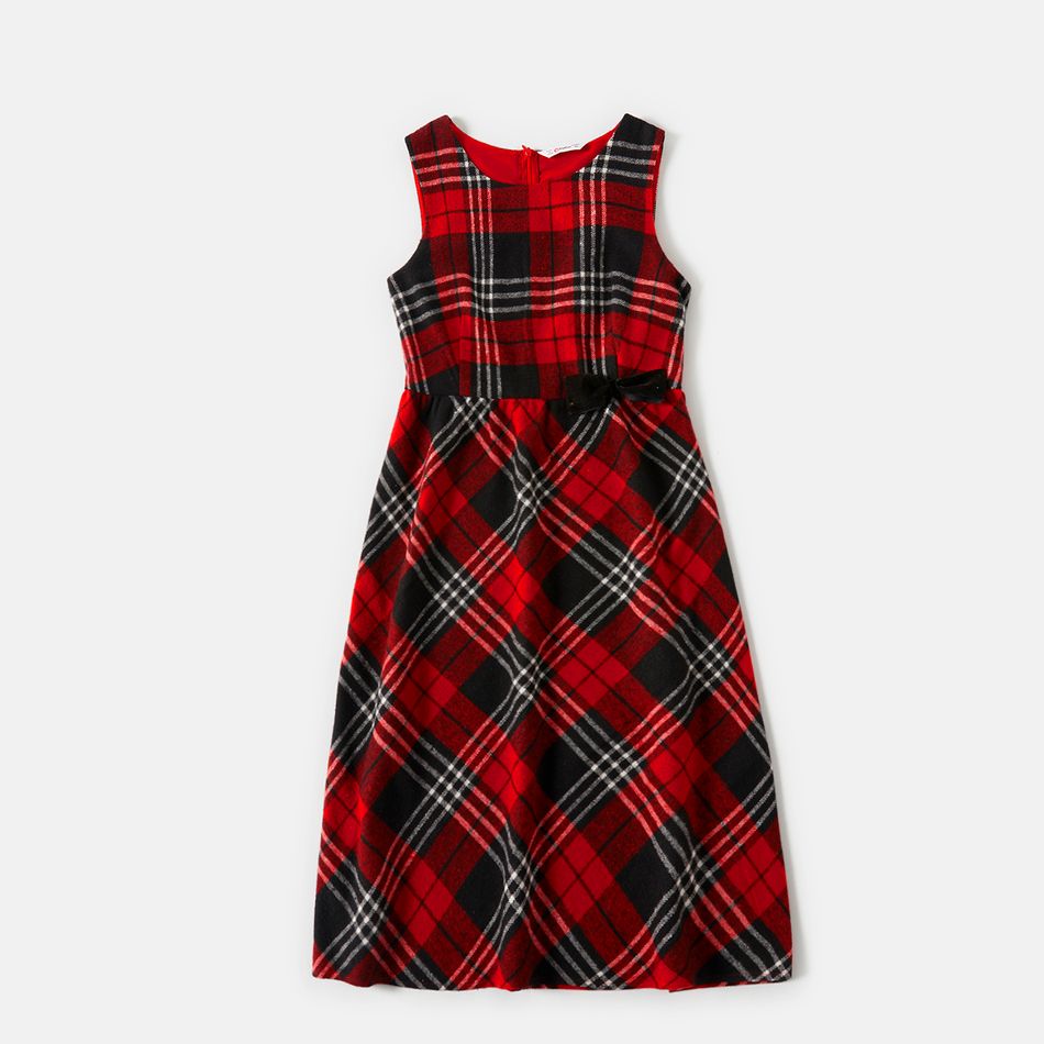 Family Matching Red Plaid Sleeveless Dresses and Long-sleeve Shirts Sets Red