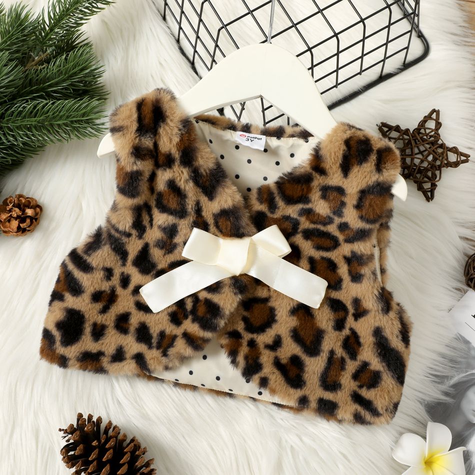 Toddler Girl Bowknot Design Leopard Print Vest Coat Brown