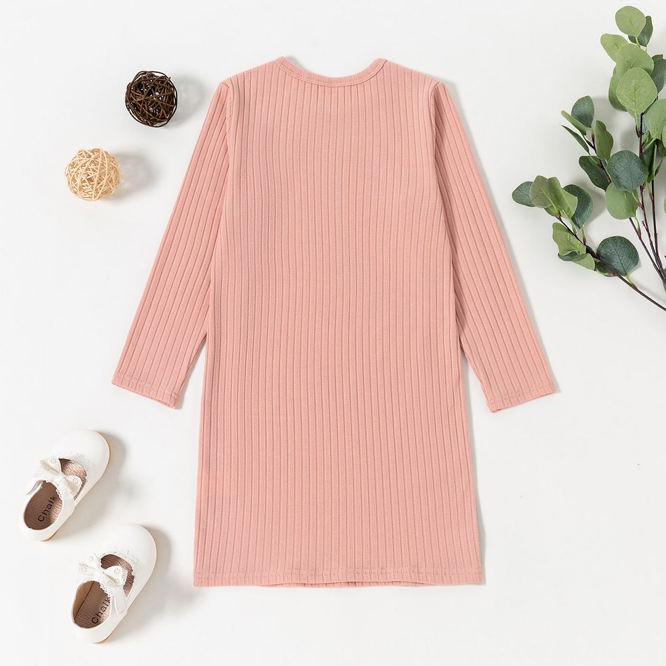 Kid Girl Letter Print Ribbed Long-sleeve Dress Pink big image 3