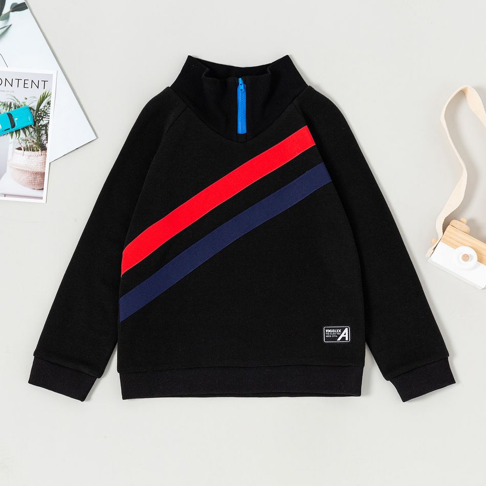 Kid Boy Striped Zipper Stand Collar Sweatshirt Black