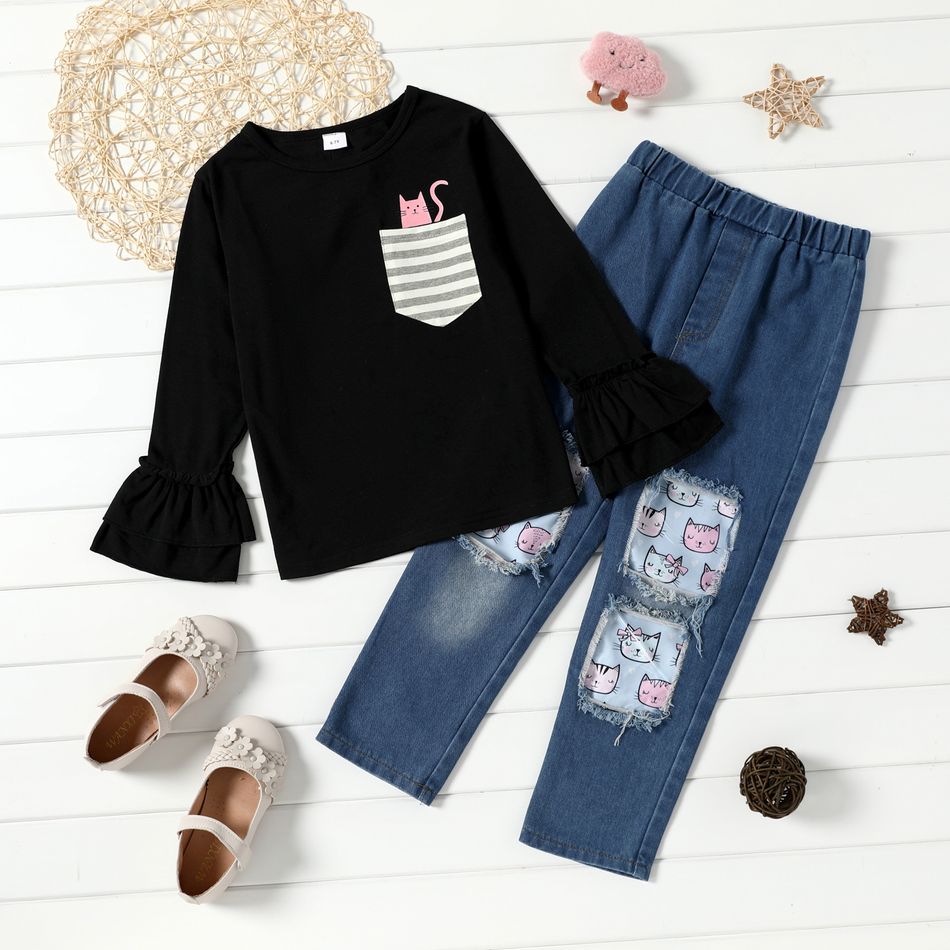 2-piece Kid Girl Cat Print Striped Pocket Layered Bell sleeves Black Top and Patchwork Ripped Denim Jeans Set Black