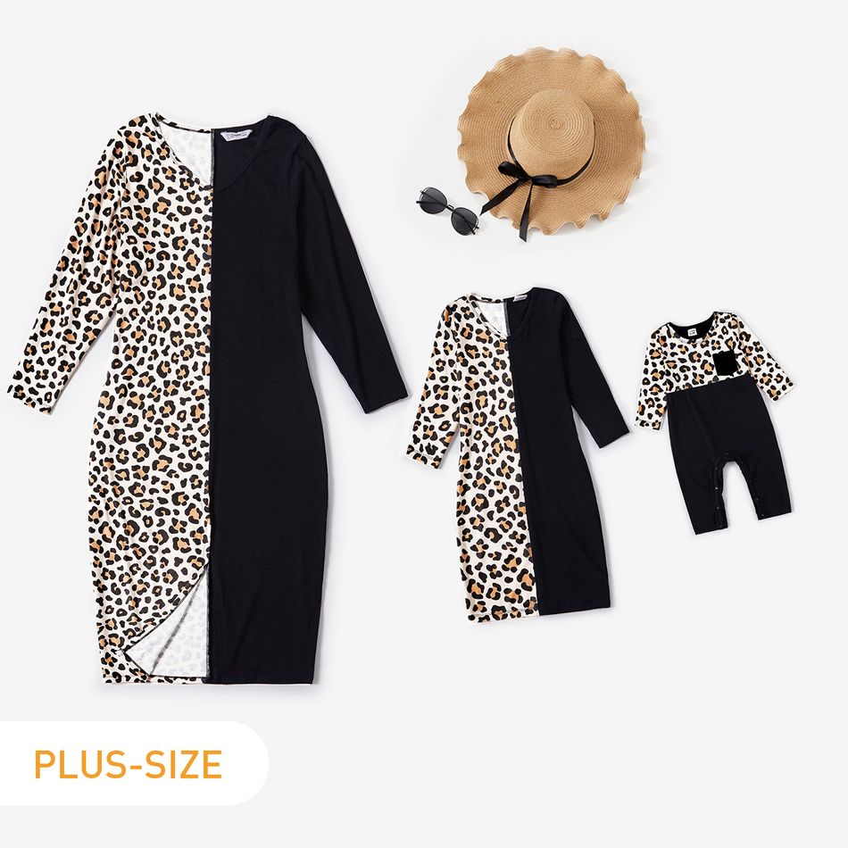 Leopard and Black Splicing Long-sleeve Midi Dress for Mom and Me Black