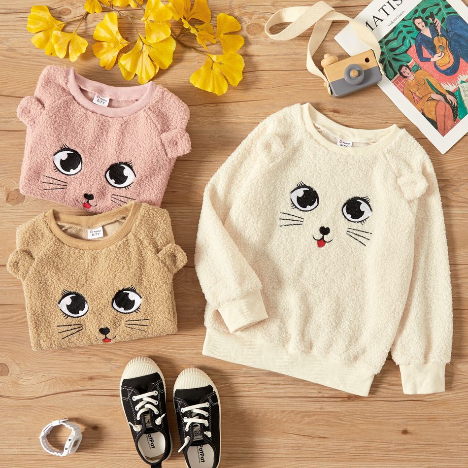 Kid Girl Cat Embroidered Ear Design Fuzzy Sweatshirt Beige big image 2