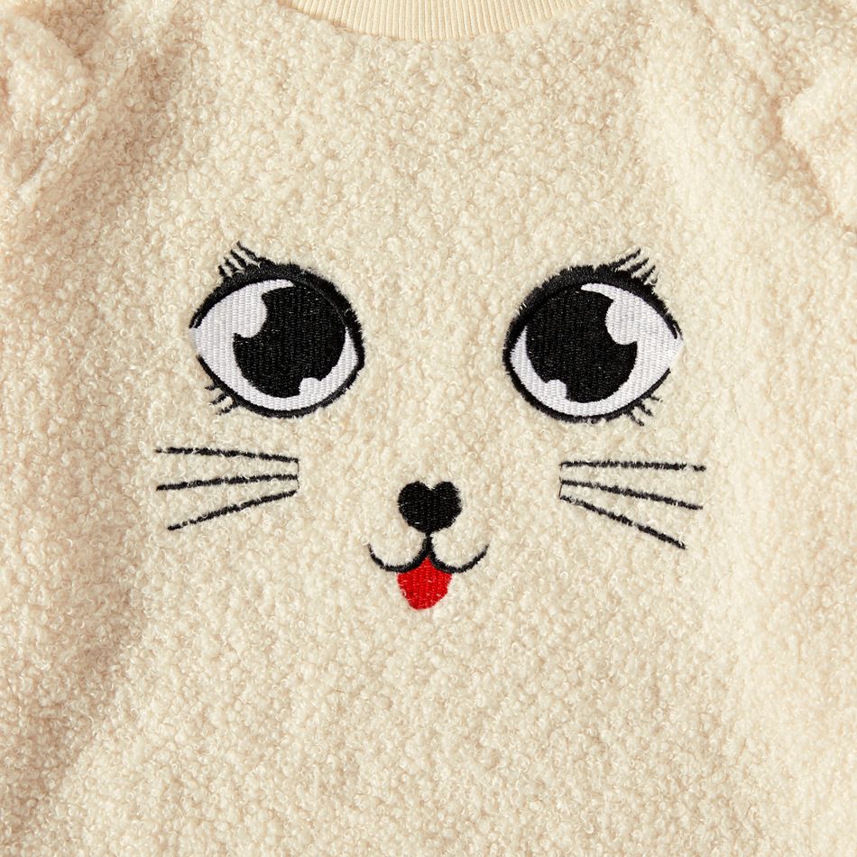 Kid Girl Cat Embroidered Ear Design Fuzzy Sweatshirt Beige big image 4