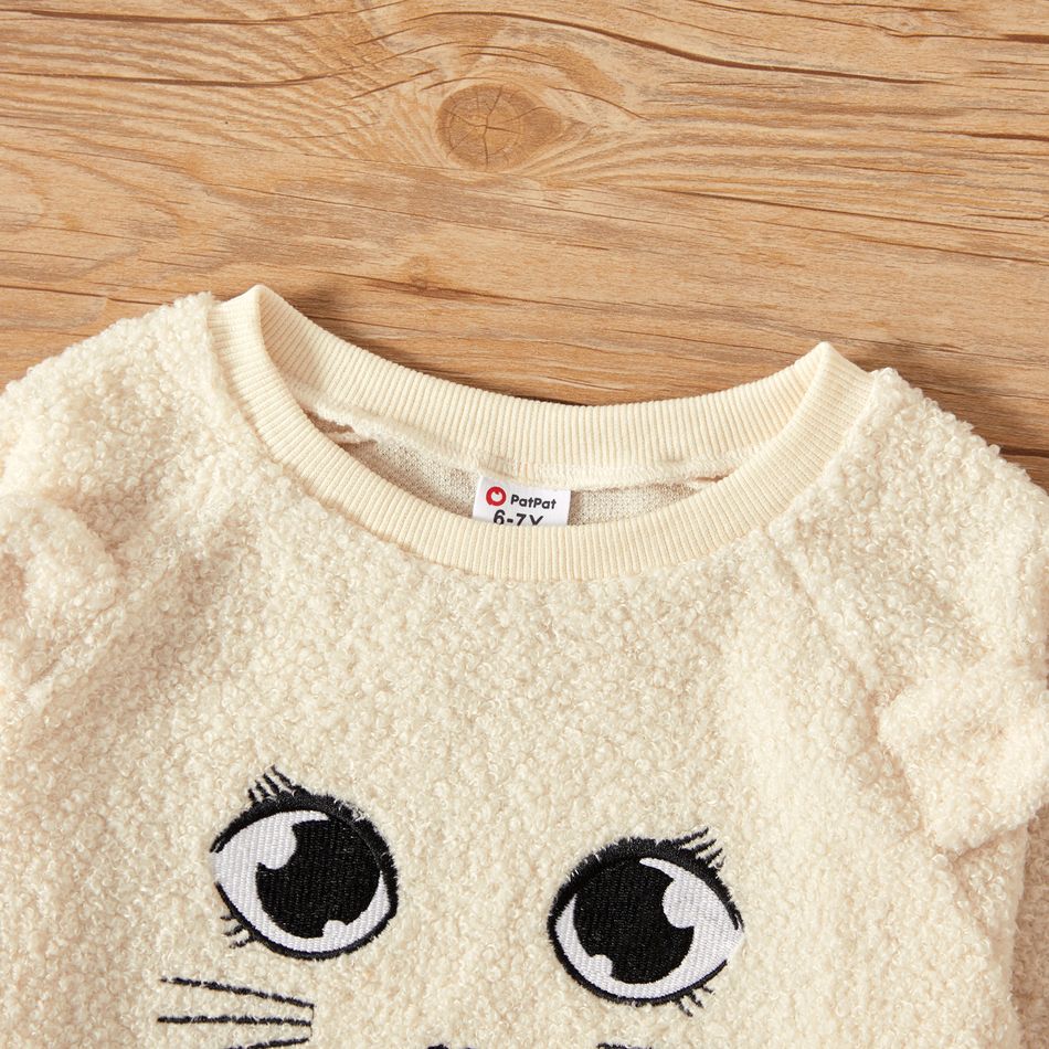 Kid Girl Cat Embroidered Ear Design Fuzzy Sweatshirt Beige big image 3