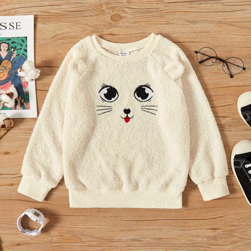 Kid Girl Cat Embroidered Ear Design Fuzzy Sweatshirt Beige