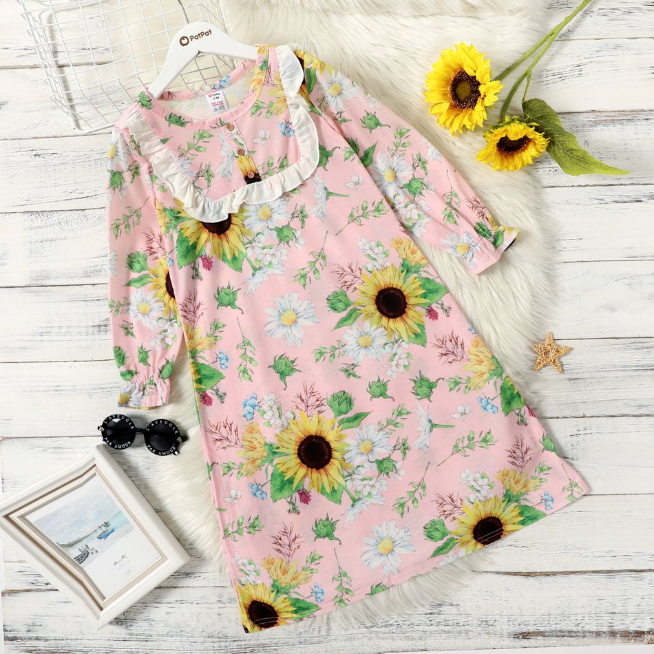Kid Girl Floral Print Button Design Ruffled Long-sleeve Nightdress Pink