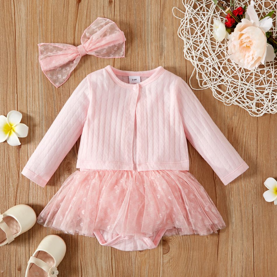 100% Cotton 3pcs Baby Solid Long-sleeve Cardigan and Spaghetti Strap Mesh Tutu Romper Dress Set Pink