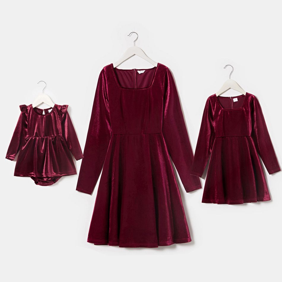 Solid Wine Red Square Neck Long-sleeve Velvet Mini Dress for Mom and Me Burgundy