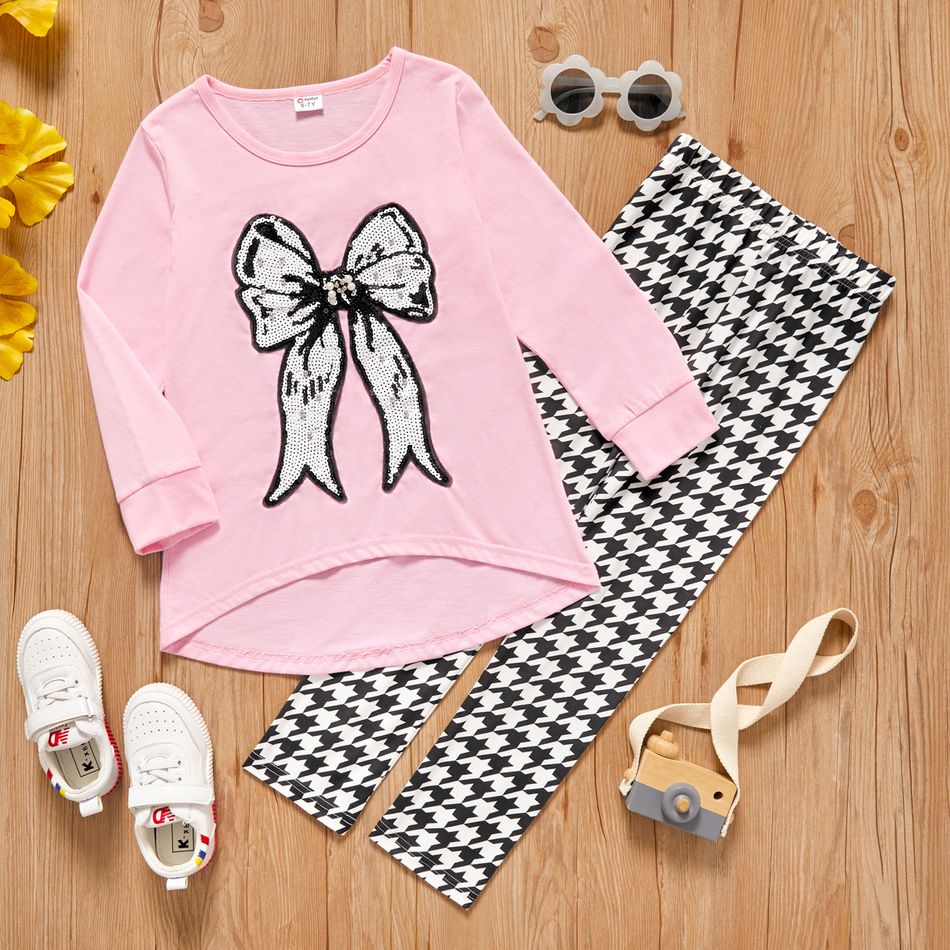 2-piece Kid Girl Bowknot Sequined Design Long-sleeve Tee and Houndstooth Leggings set Multi-color