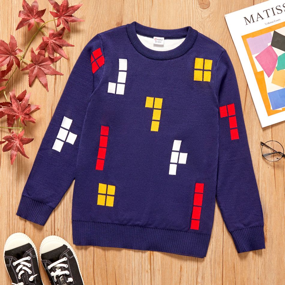 Kid Boy Geo Pattern Colorblock Knit Sweater Deep Blue