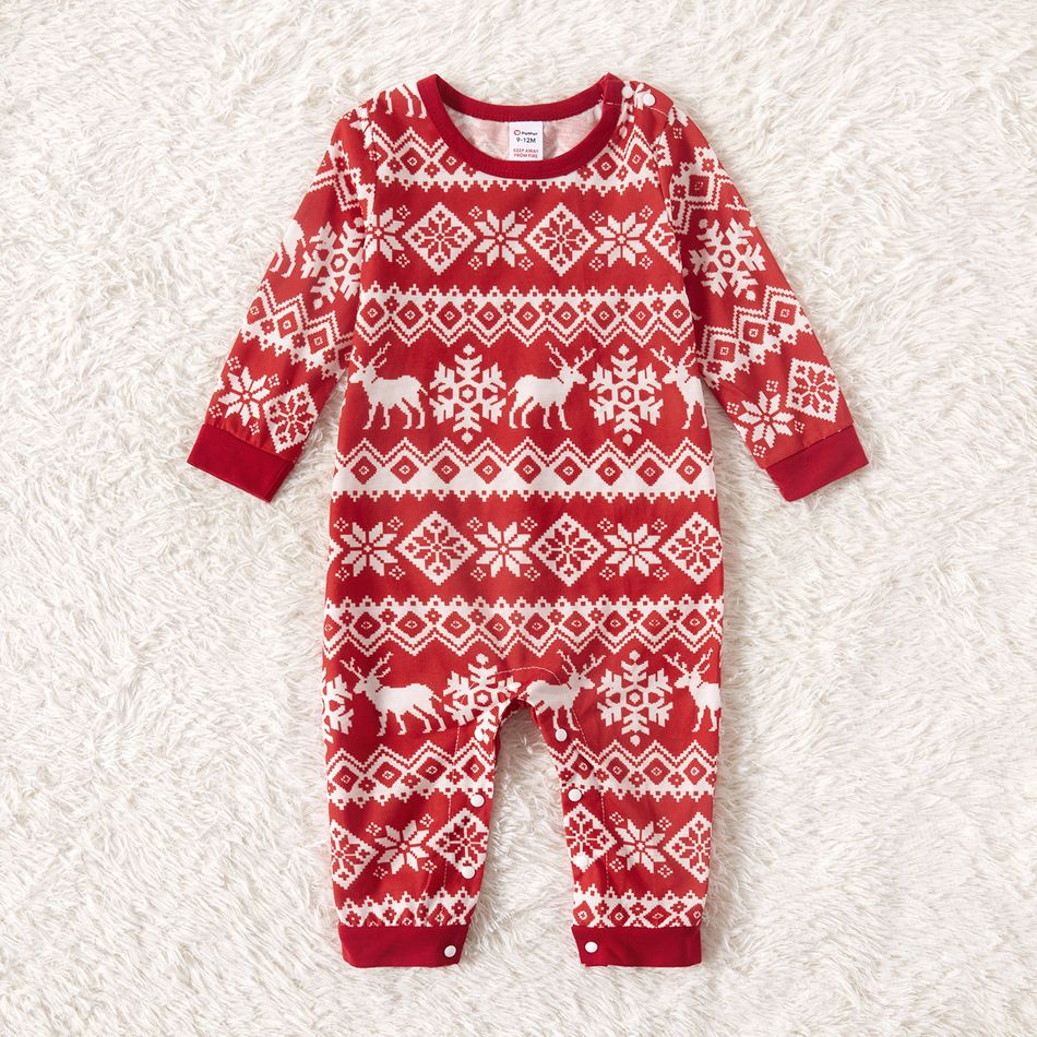 Christmas All Over Reindeer and Snowflake Print Red Family Matching Long-sleeve Pajamas Sets (Flame Resistant) Red/White big image 9