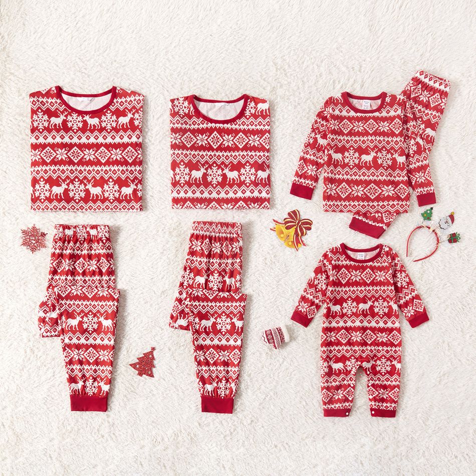Christmas All Over Reindeer and Snowflake Print Red Family Matching Long-sleeve Pajamas Sets (Flame Resistant) Red/White