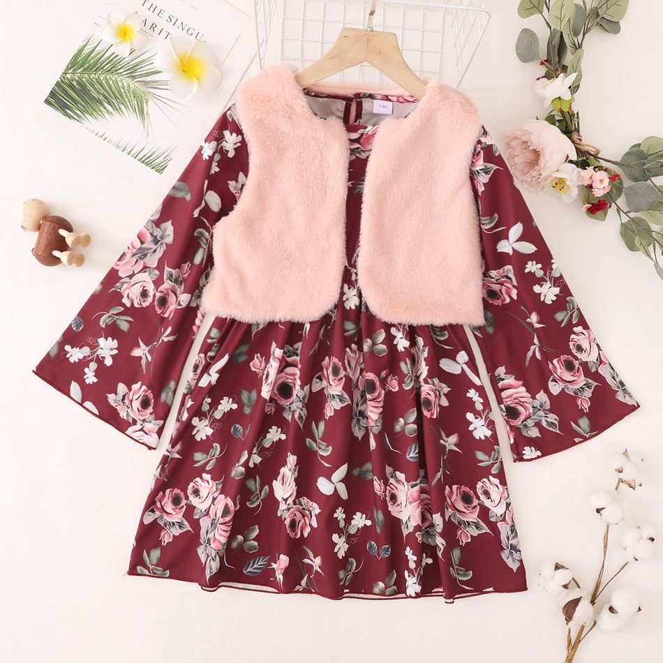 2-piece Kid Girl Floral Print Long-sleeve Dress and Fuzzy Pink Vest Set Pink
