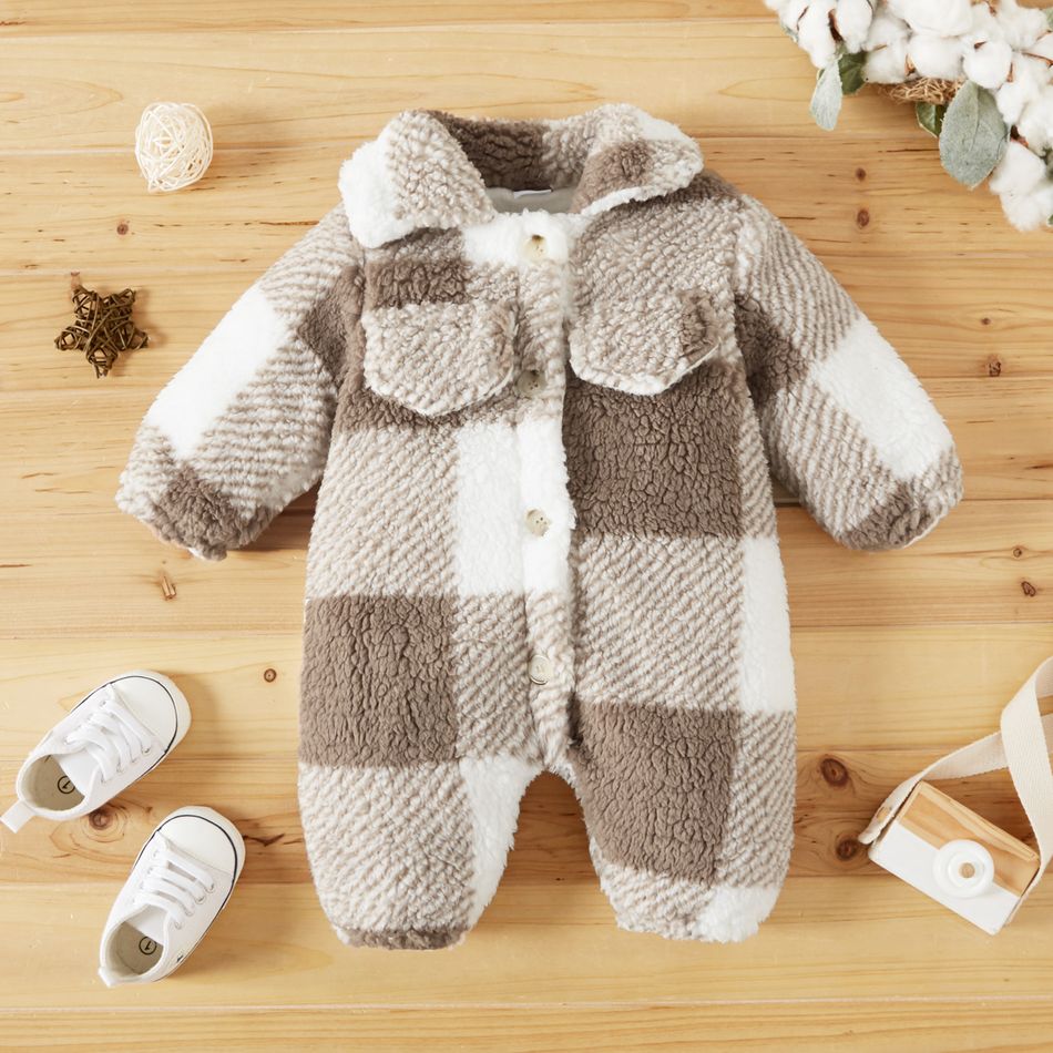 Khaki Plaid Fluffy Fleece Baby Lapel Long-sleeve Jumpsuit Khaki