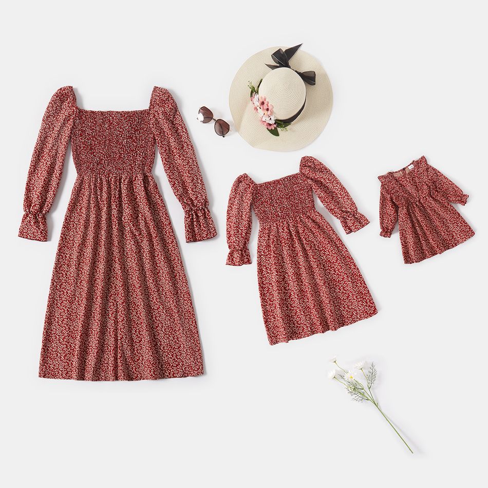 Rosy Floral Print Square Neck Bell Sleeve Shirred Smocked Dress for Mom and Me Rosy