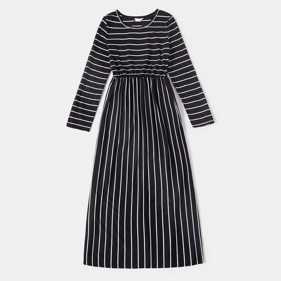 Black Striped Round Neck Long-sleeve Casual Maxi Dress for Mom and Me Black/White big image 2