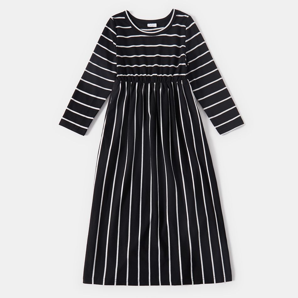 Black Striped Round Neck Long-sleeve Casual Maxi Dress for Mom and Me Black/White big image 3