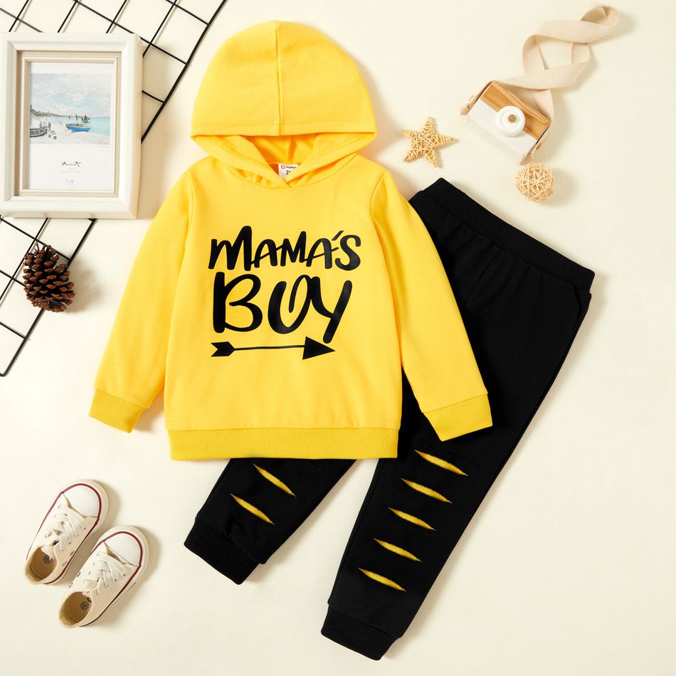 2-piece Toddler Boy Letter Print Hoodie Sweatshirt and Colorblock Pants Set Yellow