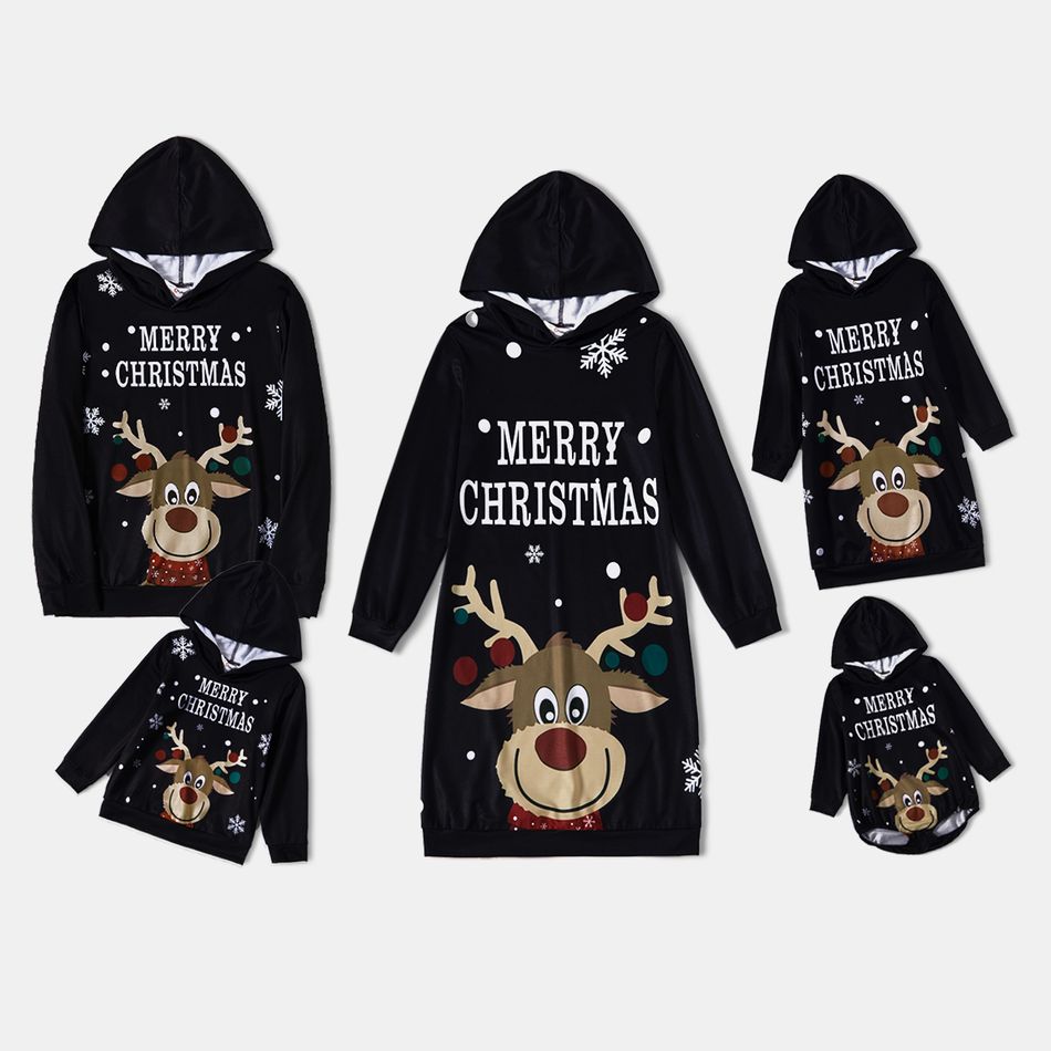 Christmas Letter and Cartoon Reindeer Print Black Family Matching Long-sleeve Dresses and Sweatshirts Sets Black