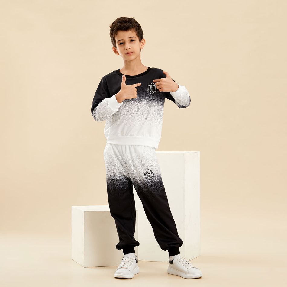 2-piece Kid Boy Letter Print Gradient Pullover Sweatshirt and Elasticized Pants Casual Set Black/White