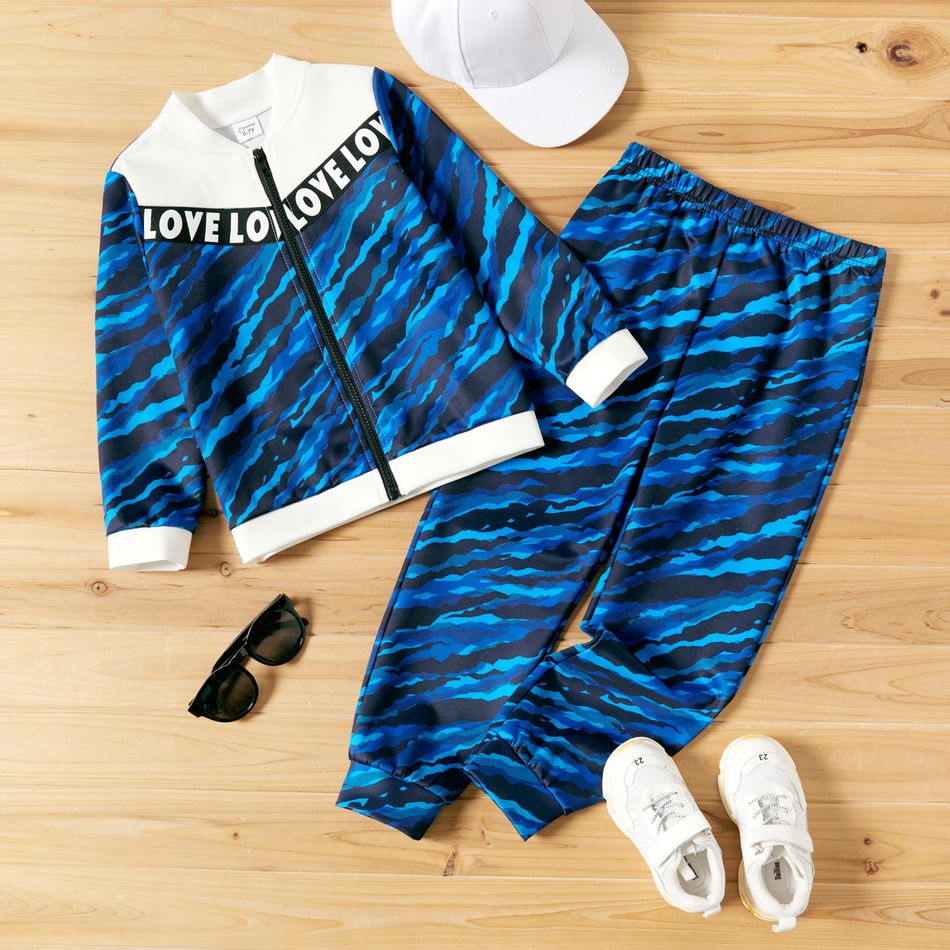 2-piece Kid Boy Letter Camouflage Print Zipper Sweatshirt Jacket and Pants Set Blue
