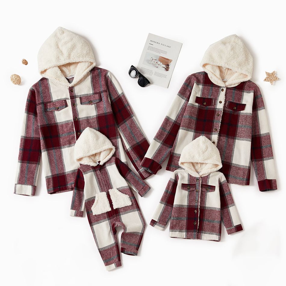 Family Matching Fleece Hooded Splicing Red Plaid Long-sleeve Outwear Tops Red/White