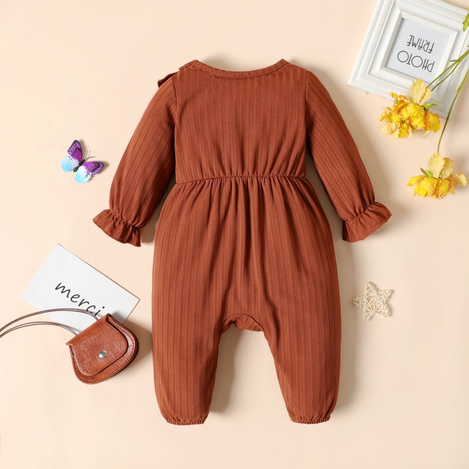 Baby Girl Brown/White Butterfly Print Long-sleeve Ruffle Jumpsuit Brown