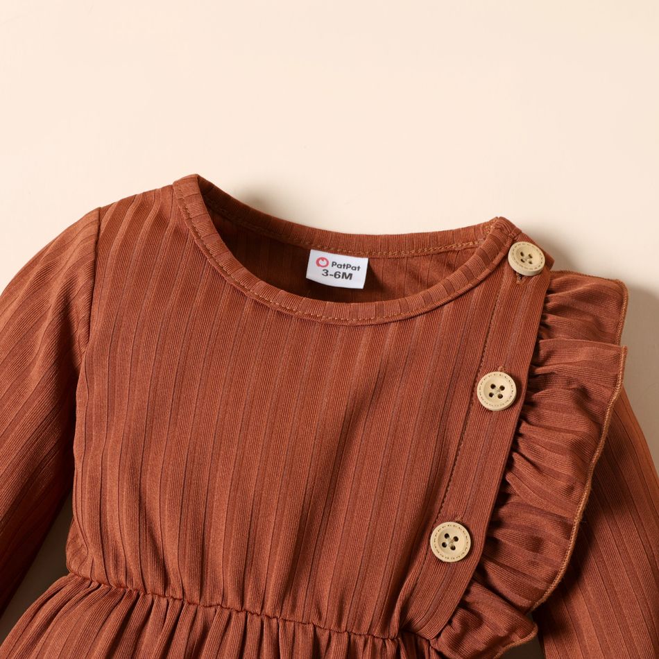 Baby Girl Brown/White Butterfly Print Long-sleeve Ruffle Jumpsuit Brown big image 2