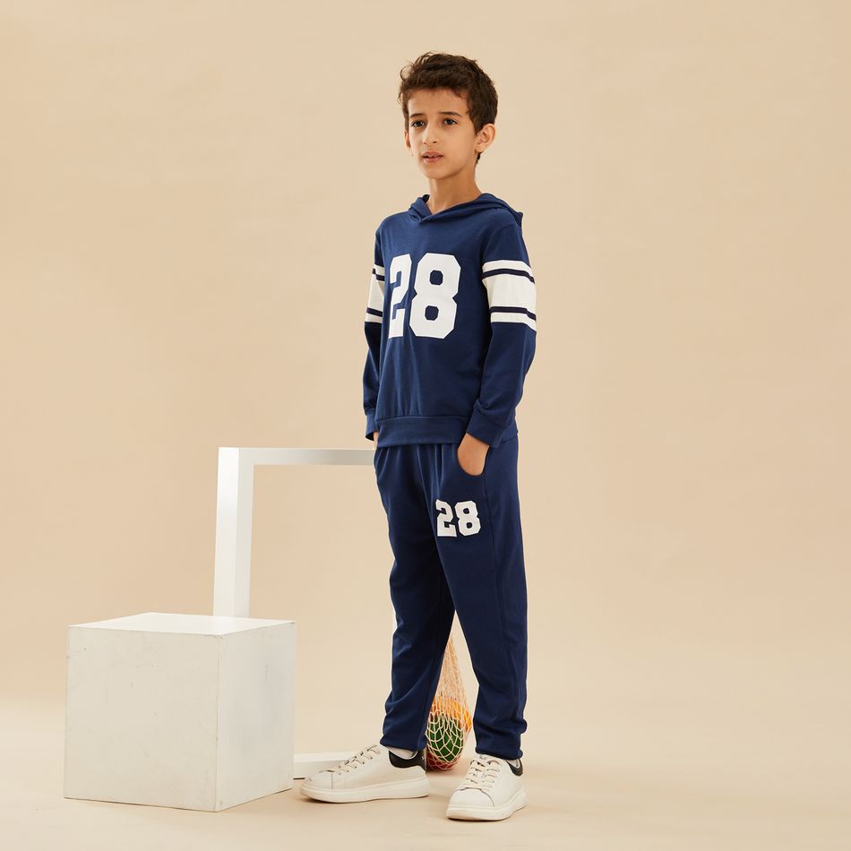 2-piece Kid Boy Number Print Hoodie and Elasticized Pants with Pocket Sporty Set Dark Blue