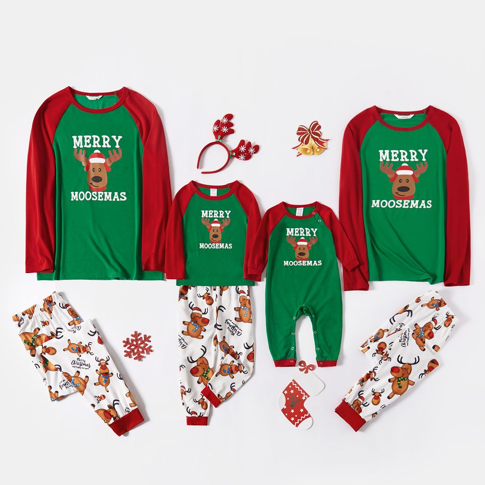 Christmas Cartoon Moose and Letter Print Family Matching Raglan Long-sleeve Pajamas Sets (Flame Resistant) Red/White