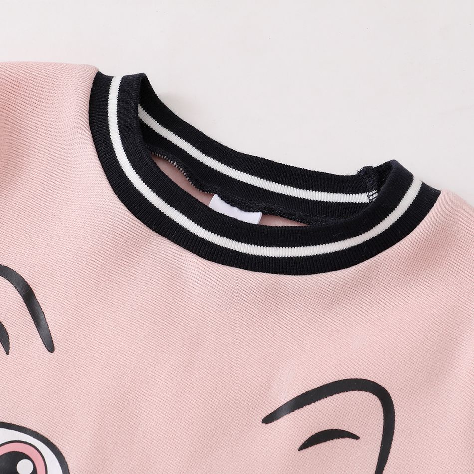 2-piece Kid Girl Animal Cat Print Striped Sweatshirt and Letter Print Skirt Set Pink big image 4