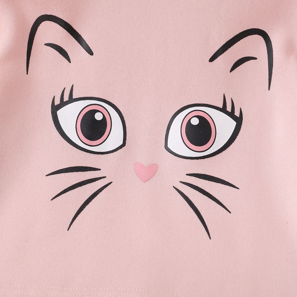 2-piece Kid Girl Animal Cat Print Striped Sweatshirt and Letter Print Skirt Set Pink big image 5
