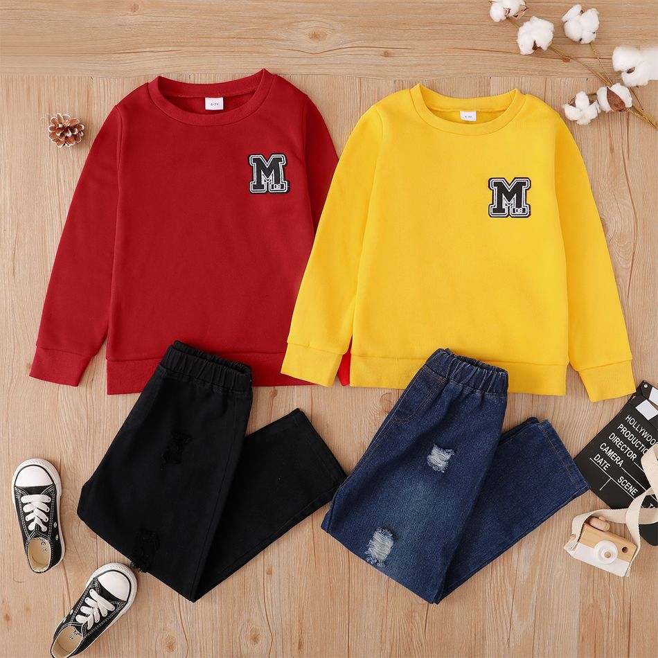 2-piece Kid Boy Letter Embroidered Sweatshirt and Ripped Denim Jeans Set Yellow big image 2