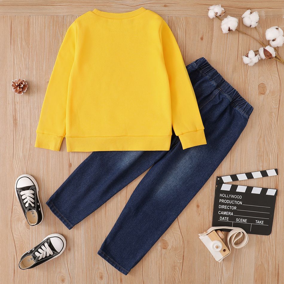 2-piece Kid Boy Letter Embroidered Sweatshirt and Ripped Denim Jeans Set Yellow