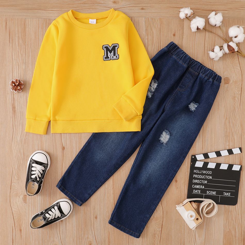 2-piece Kid Boy Letter Embroidered Sweatshirt and Ripped Denim Jeans Set Yellow big image 1