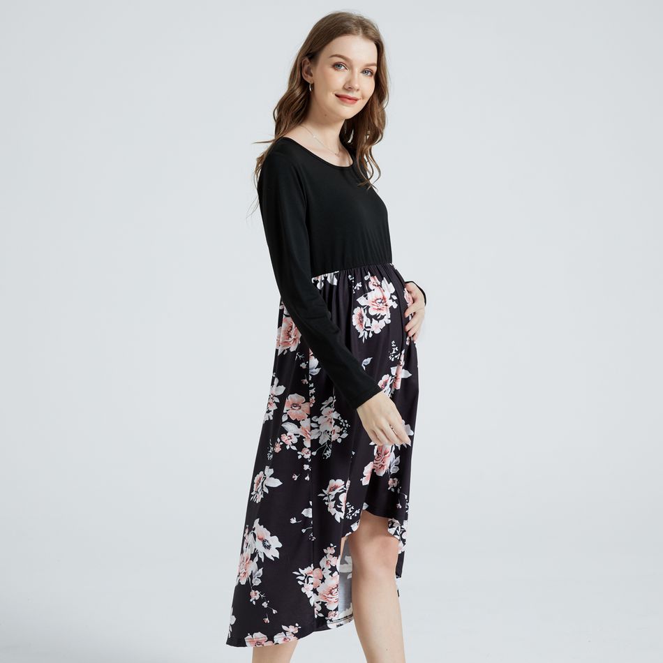 Floral Print Splice Asymmetrical Hem Round-collar Long-sleeve Midi Dress Black