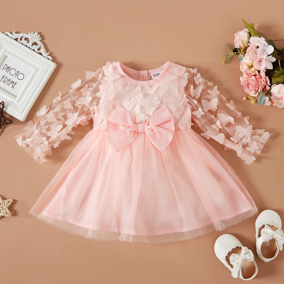 Baby Girl 3D Butterfly Appliques Pink Long-sleeve Mesh Party Dress Pink