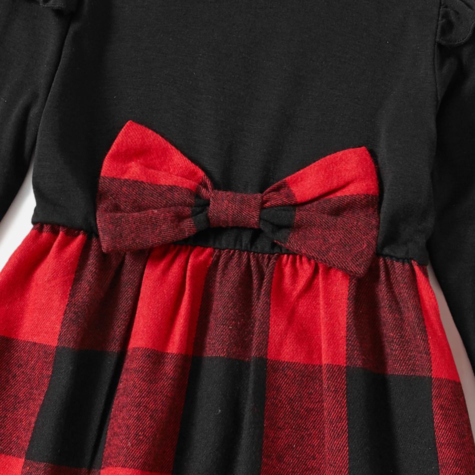Red Plaid Splicing Black Long-sleeve Dresses and Shirts Sets Black big image 11