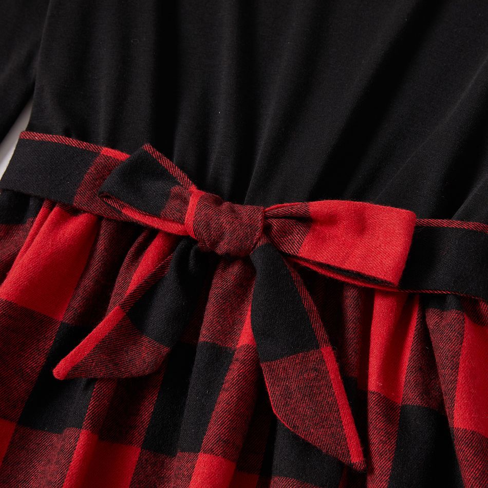 Red Plaid Splicing Black Long-sleeve Dresses and Shirts Sets Black big image 9
