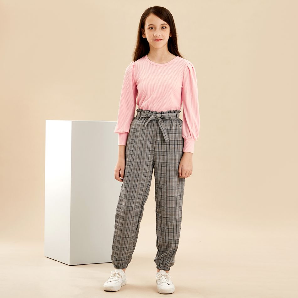 2-piece Kid Girl Round-collar Solid Long-sleeve Top and Plaid Pants with Belt Set Pink